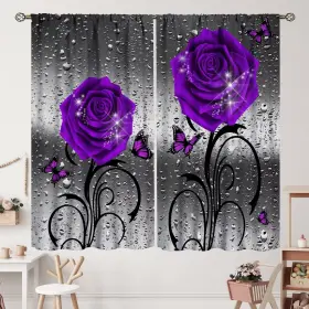 Zhirain 015421912775 Purple Rose Print Curtains Floral Raindrops Gray Art Blackout Rod Pocket Curt