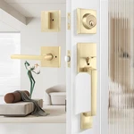 Stylish Gold Front Door Handle & Deadbolt Set, Keyed Different, Reversible New. Price: $106.99.