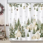 Farmhouse Christmas Shower Curtain, Snowy Xmas Village Cabin Pine Tree Winter New. Price: $23.09.