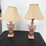 Vintage Pink Ceramic Floral Urn Table Lamps Set Of 2 Hollywood Regency Gold Trim Used. Price: $65.00.