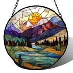 Stained Glass Window Hanging, Mountains River Trees 9.8X9.8 Colorful New. Price: $27.61.