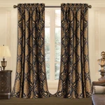 Elegant Black Damask Curtains - Textured Jacquard, 2 Panels With Tiebacks New. Price: $149.99.