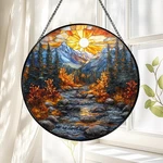 Mountain Sunset Stained Glass Suncatcher, River Forest Landscape Window Hanging New. Price: $15.74.