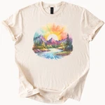 Mountain River Sunset Tee Watercolor Nature Shirt Graphic Top New. Price: $15.98.