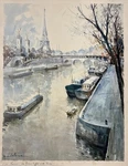 Vintage Lucien Delarue Watercolor Canvas Print Eiffel Tower & The Seine River Used. Price: $34.00.