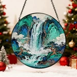 Waterfall Stained Glass Window Suncatcher, River Mountain Landscape Decor New. Price: $29.99.
